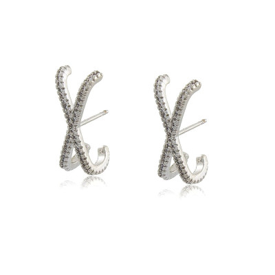 X Earrings | in Rhodium with White Zircons, X-shaped.