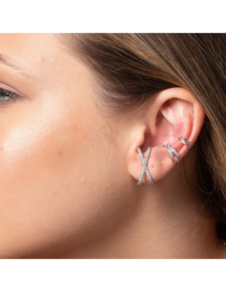 X Earrings | in Rhodium with White Zircons, X-shaped.