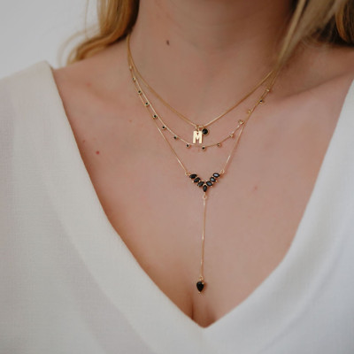 Stephanie Necklace | Gold Plated Lariat Necklace with Black Crystals 2