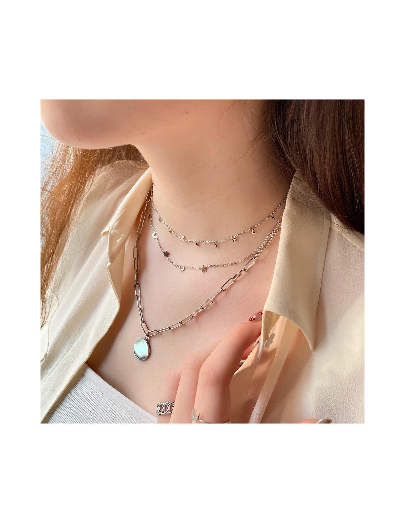 Cosmic Steel Necklace | Short Necklace with Star and Moon| Malu Maiese