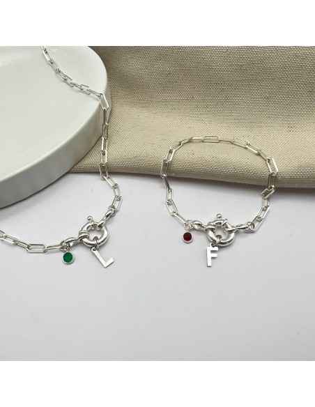 Personalised pack of necklace and bracelet with elongated chain, an initial and natural stone