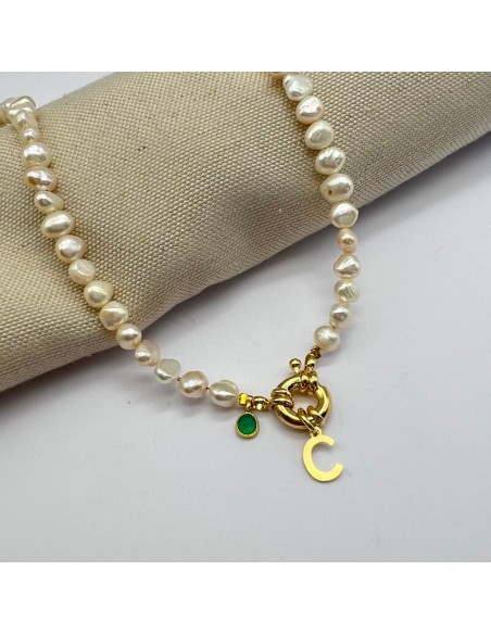 Personalised necklace with an initial hanging on a sailor clasp and natural stone, with pearls.