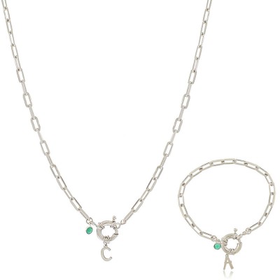 Personalised pack of necklace and bracelet in sterling silver, with elongated chain, an initial and natural stone.