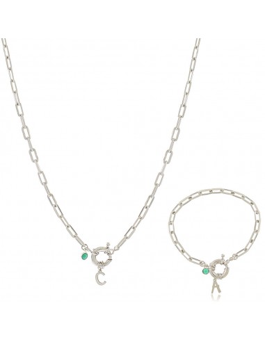 Personalised pack of necklace and bracelet in sterling silver, with elongated chain, an initial and natural stone.