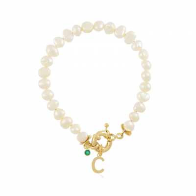 Personalised bracelet with initial hanging on a sailor clasp, natural stone and river pearls.
