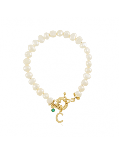 Personalised bracelet with initial hanging on a sailor clasp, natural stone and river pearls.