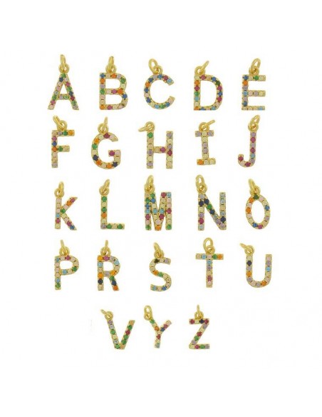 Charm letra inicial en plata chapada en oro com circonitas coloridas